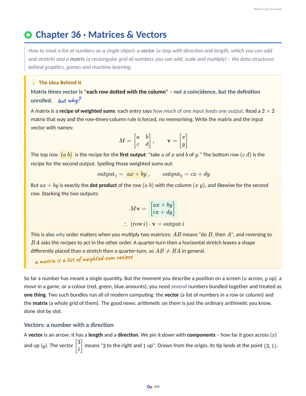 Matrices and vectors page from Math & Logic Essentials.