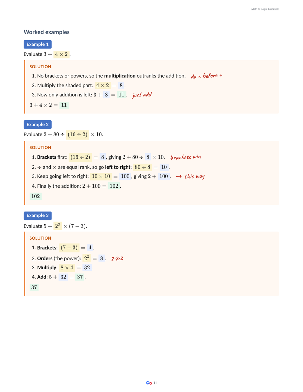 Worked examples page from Math & Logic Essentials.