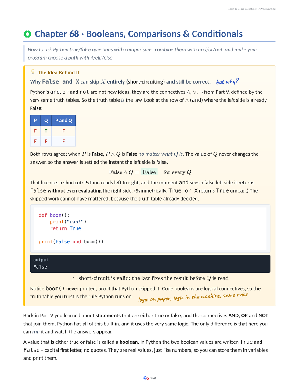Booleans and conditionals page from the programming book.