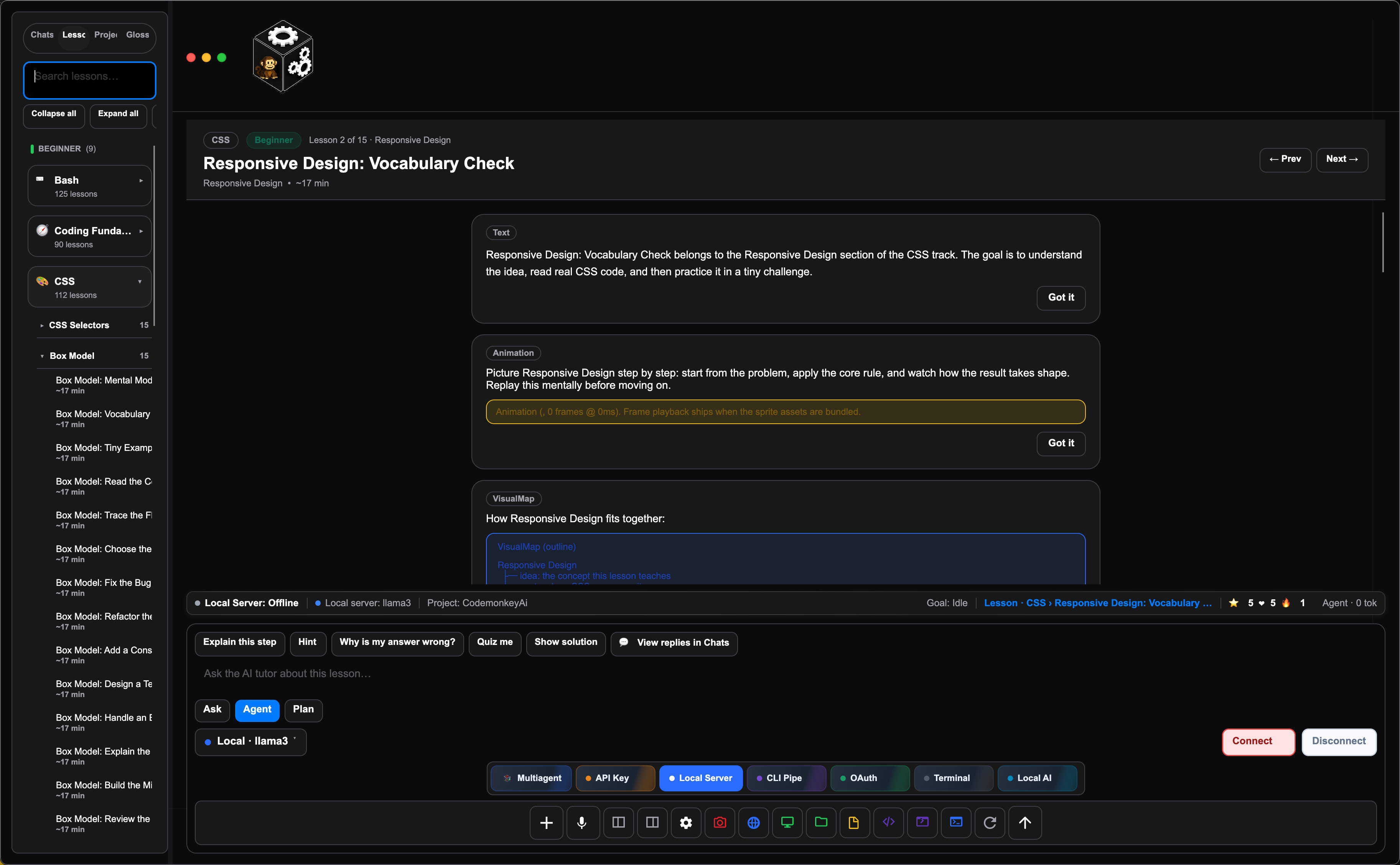 Codemonkey AI lesson workspace showing the current dark UI, lesson sidebar, step cards, tutor actions, provider tabs, and toolbar controls.