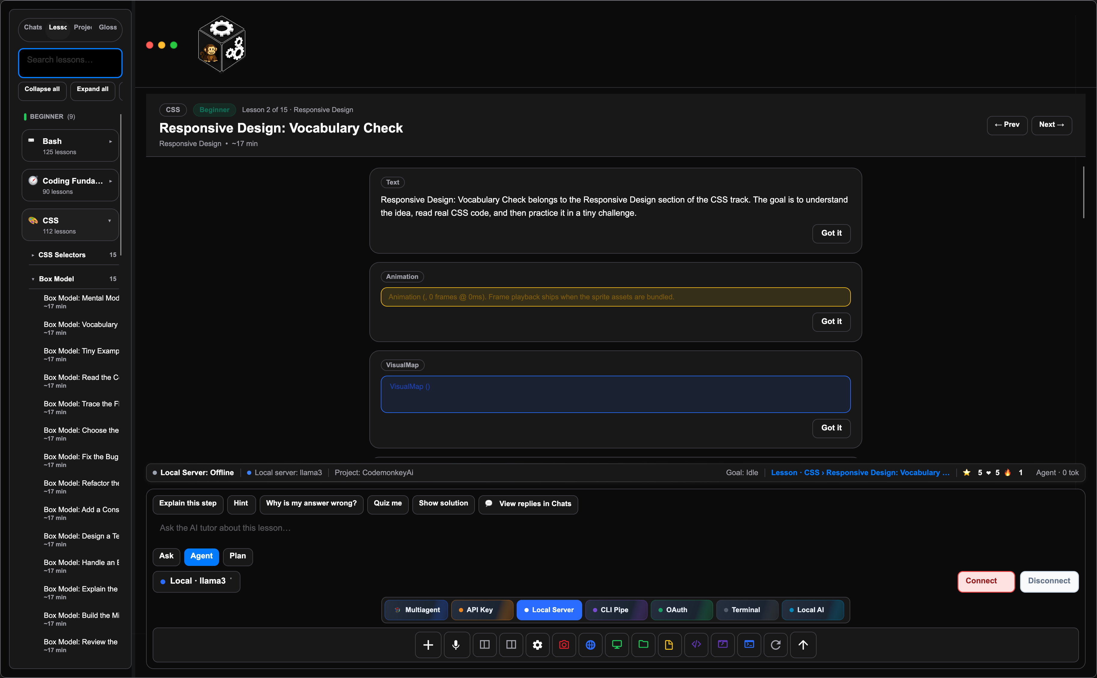 Codemonkey AI workspace showing chat, side chat, sandbox, terminal, learn-to-code action, provider tabs, permissions, and toolbar controls.