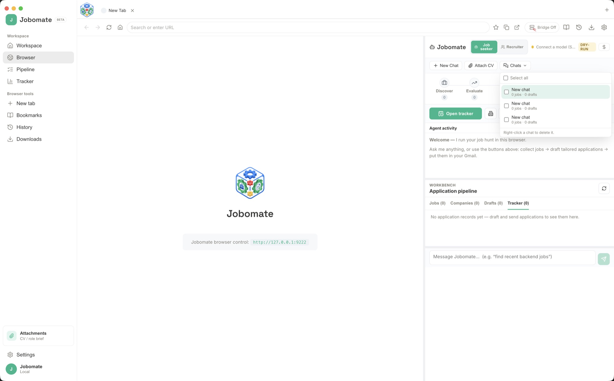 Jobomate with the built-in browser maximised on a search results page.
