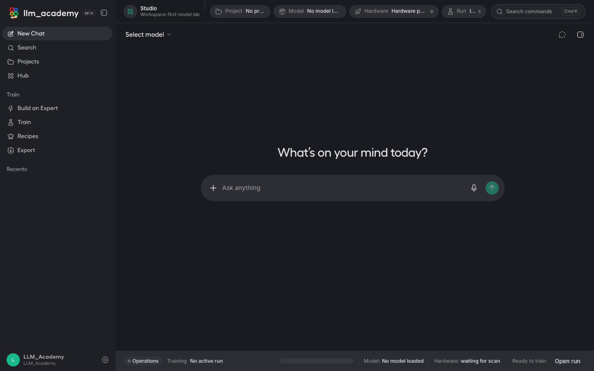 LLM Academy new-chat home with a model selector and an Ask anything box.