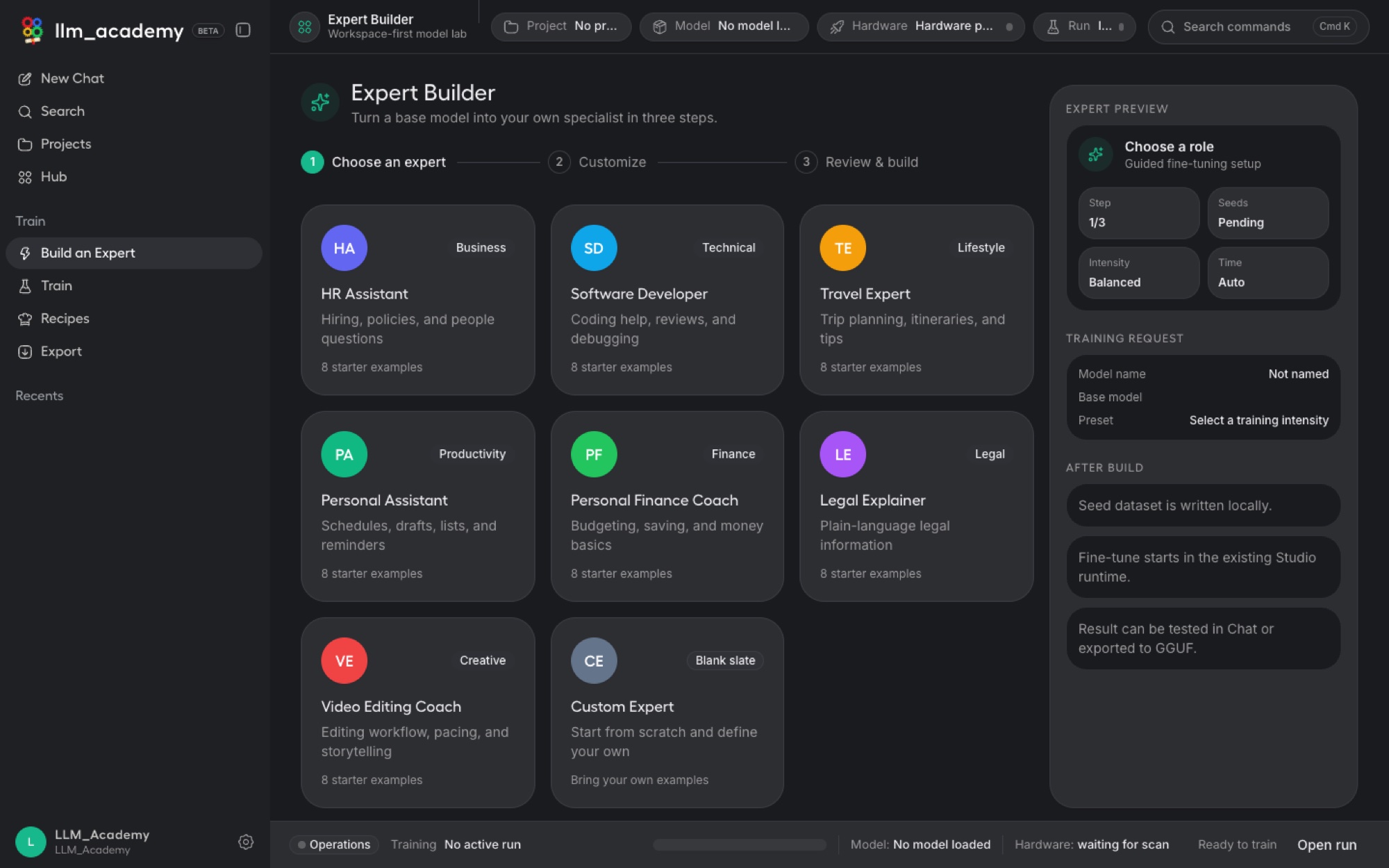 LLM Academy Expert Builder customize step for an HR assistant.